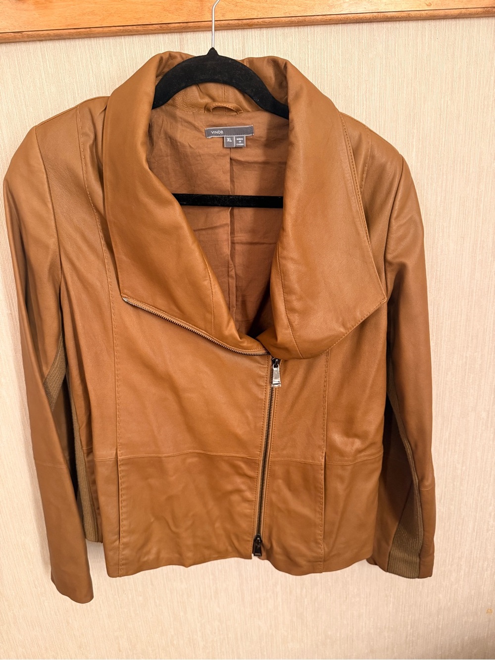 Vince Tan Leather Asymmetrical Zip Jacket